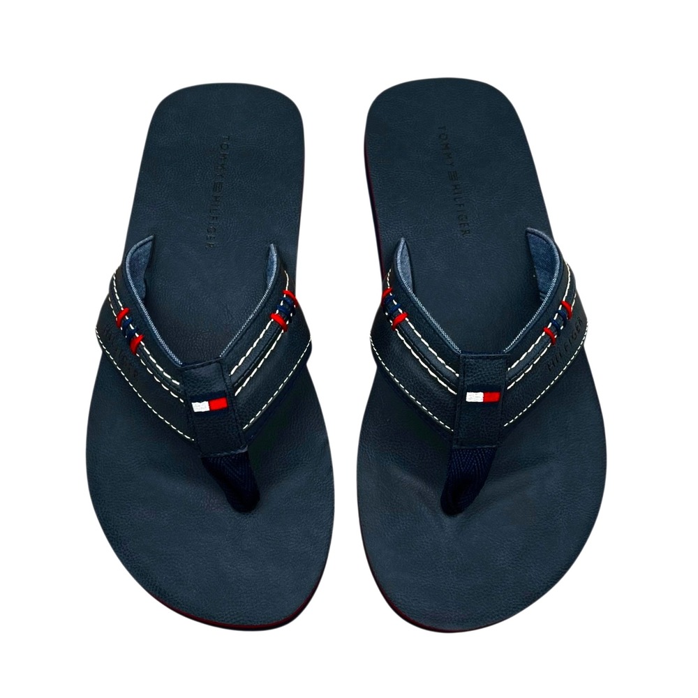 Tommy Hilfiger Mens Destino Thong Sandal Size 10 Dark Blue Faux Leather Flexible